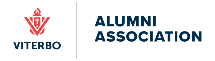 Alumni Logo Red Viterbo Logo on the left with the words Viterbo underneath in blue and on the right the words Alumni Association in blue