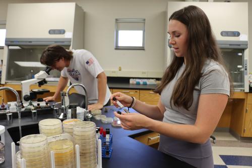 SURF researchers Viterbo University biochemistry major Emma Schoen and biology major Gabe Holderby